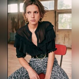 Sezane Black Tomette Black Semi-Sheer Ruffle Top